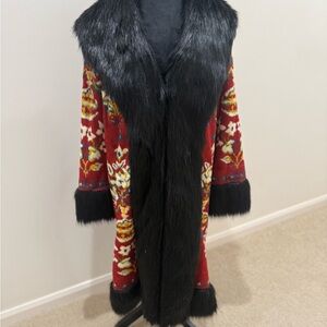 Adrienne Landau Black and Red Fur-Trimmed Cape